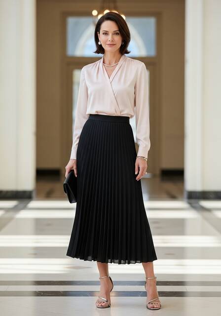 Pleated Skirt with Silk Blouse