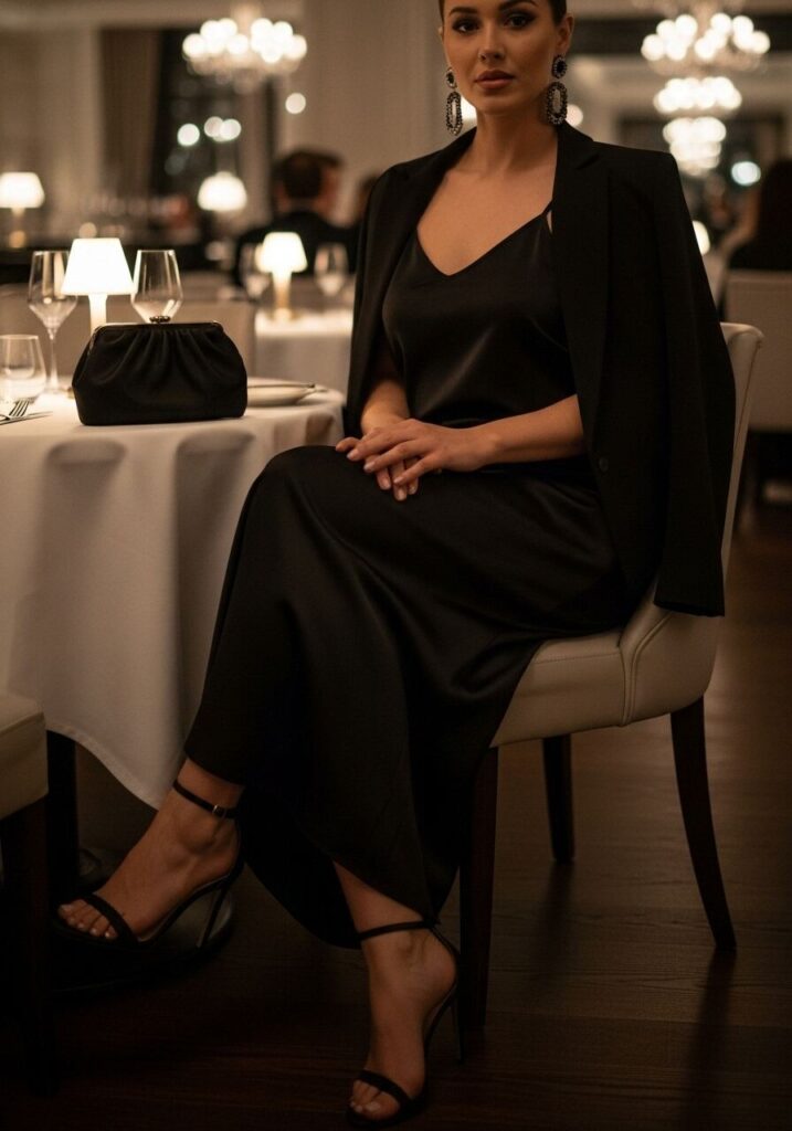 Satin Black Maxi Skirt with Silk Camisole