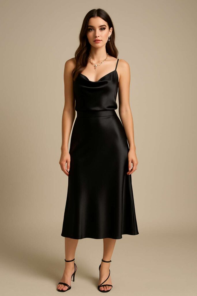 Satin Black Midi Skirt with Camisole