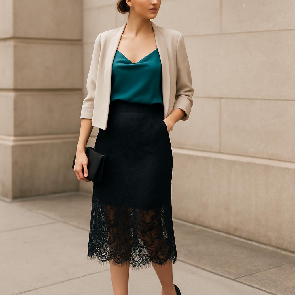 Satin Camisole, Black Lace Skirt, Stiletto Heels, Clutch Bag
