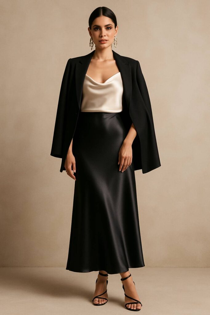 Satin Long Black Skirt with Camisole