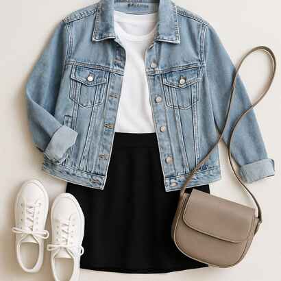 Short Black Skirt with Denim Jacket and Tee