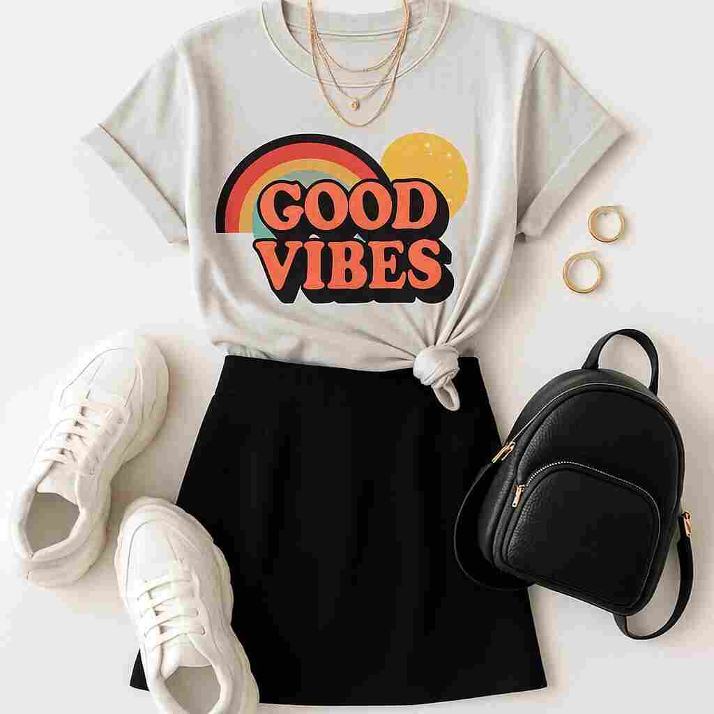Short Black Skirt with Graphic Tee