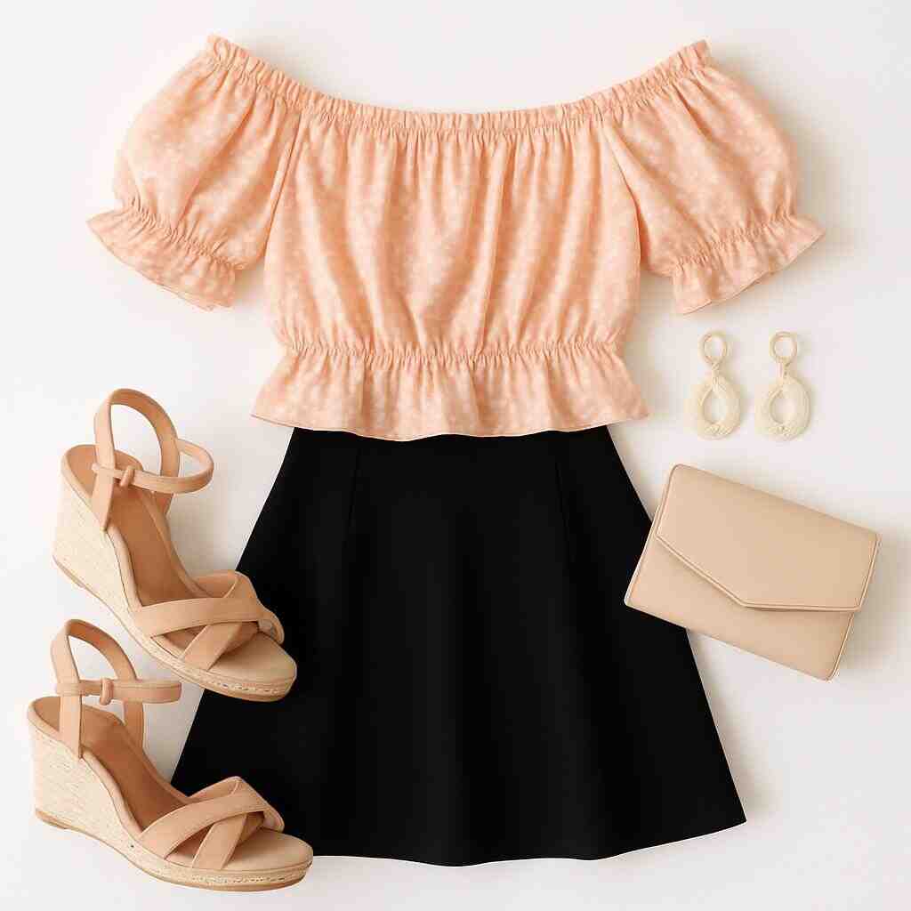 Short Black Skirt with Off-Shoulder Blouse