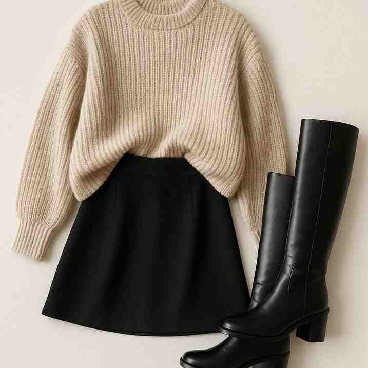 Short Black Skirt with Oversized Sweater