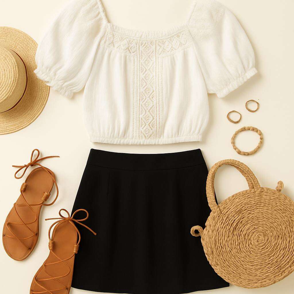 Short Black Skirt with Peasant Top