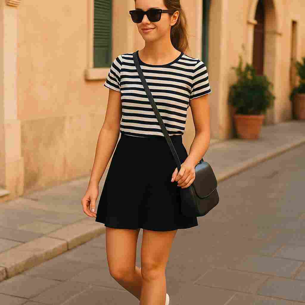 Short Black Skirt with Striped Top