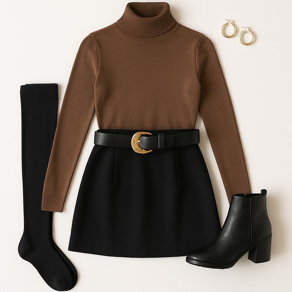 Short Black Skirt with Turtleneck Top