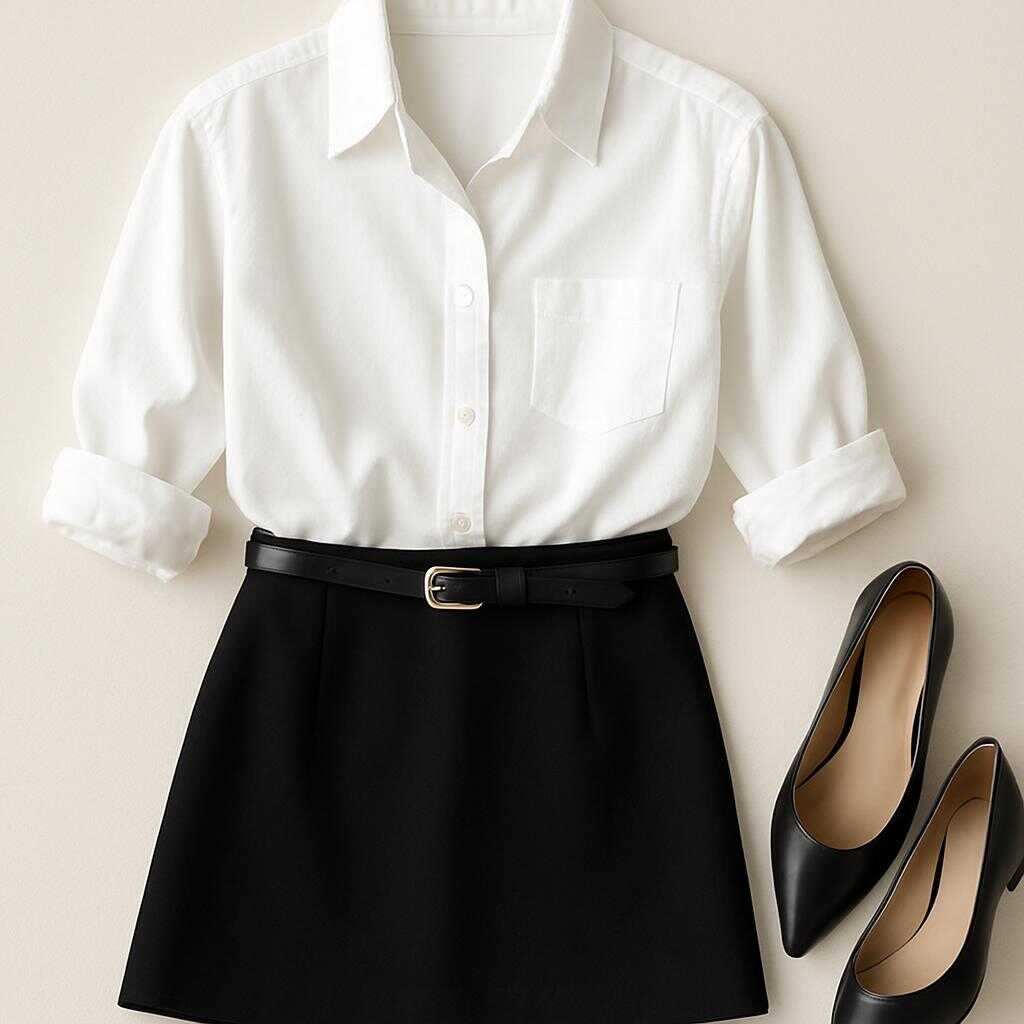 Short Black Skirt with White Button-Up Shirt