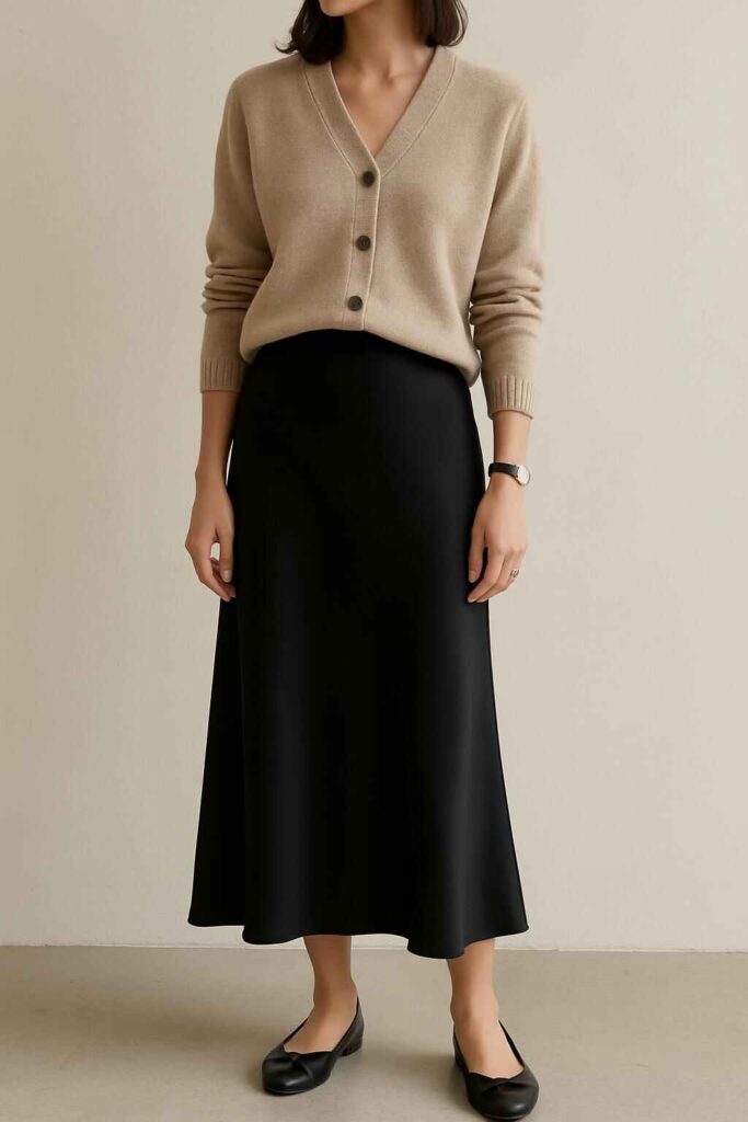 Silk Black Skirt with Button-Up Cardigan