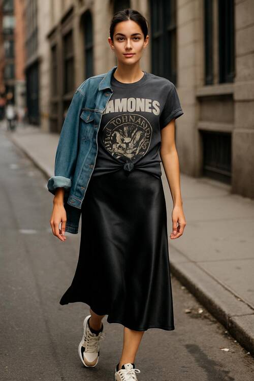 Silk Black Skirt with Graphic Tee