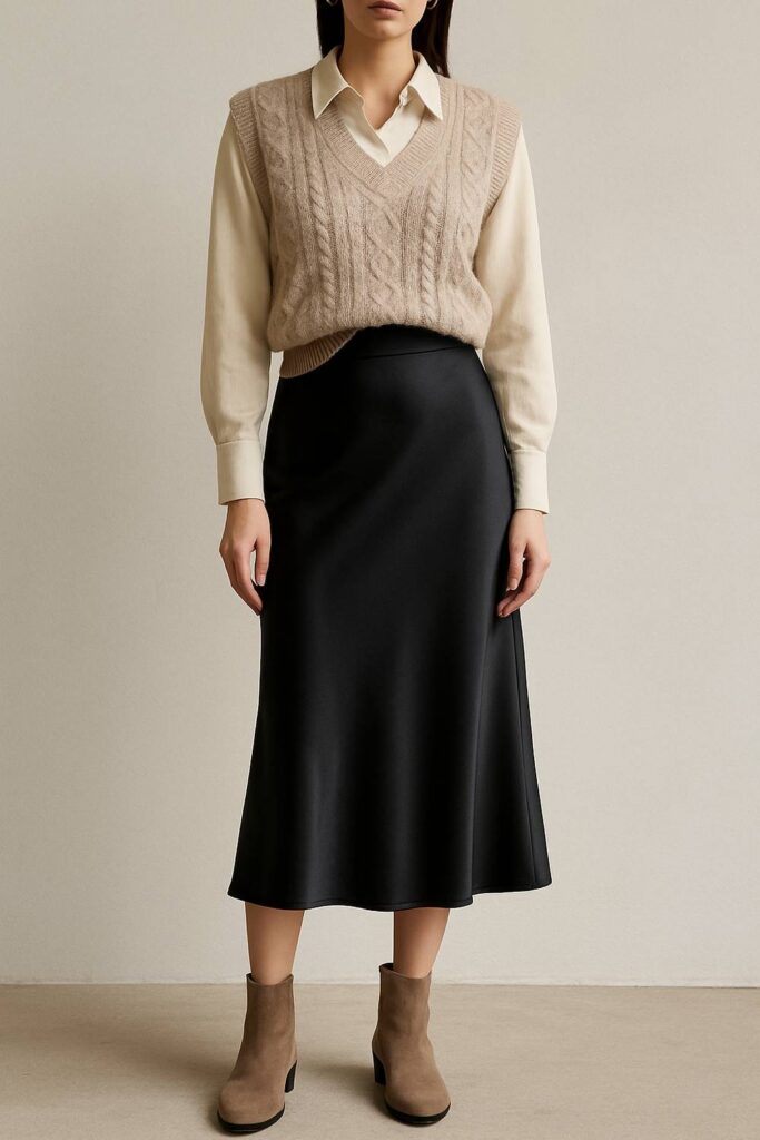 Silk Skirt with Knit Vest