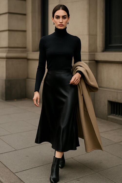 Silk Skirt with Turtleneck Sweater
