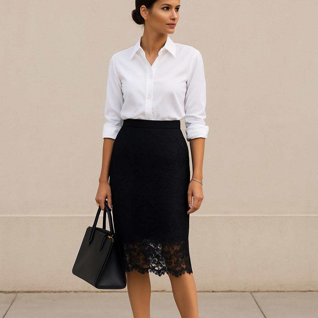 White Blouse, Black Lace Skirt, Nude Heels, Structured Handbag