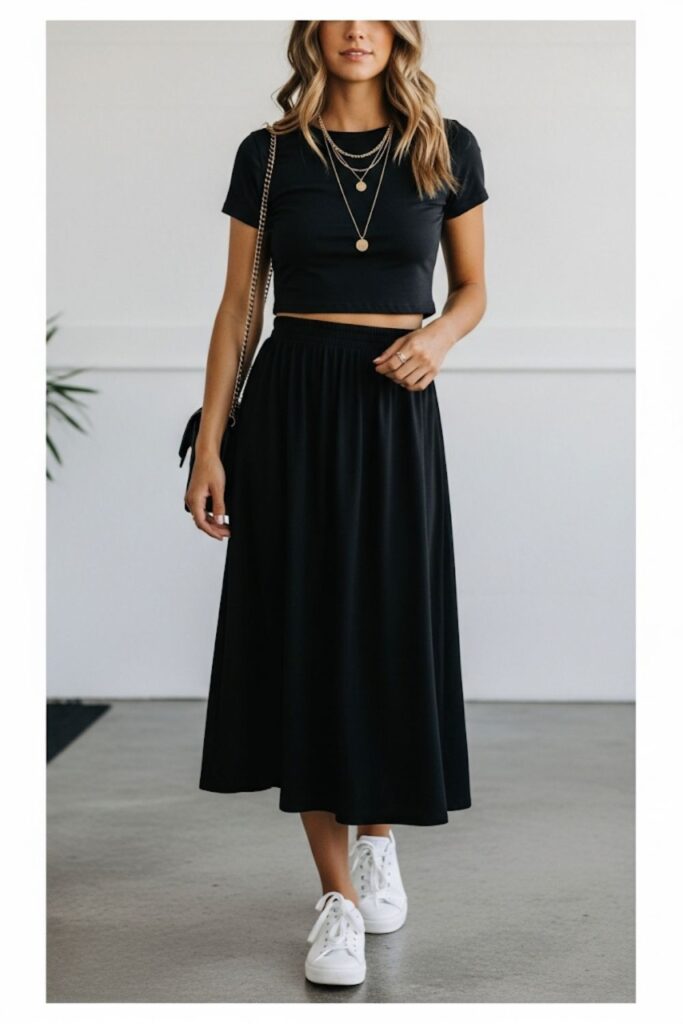 Black High-Waisted Skirt with Crop Top