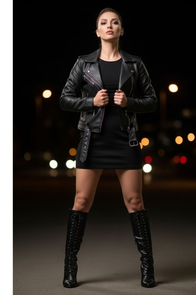Black Mini Skirt with Leather Jacket
