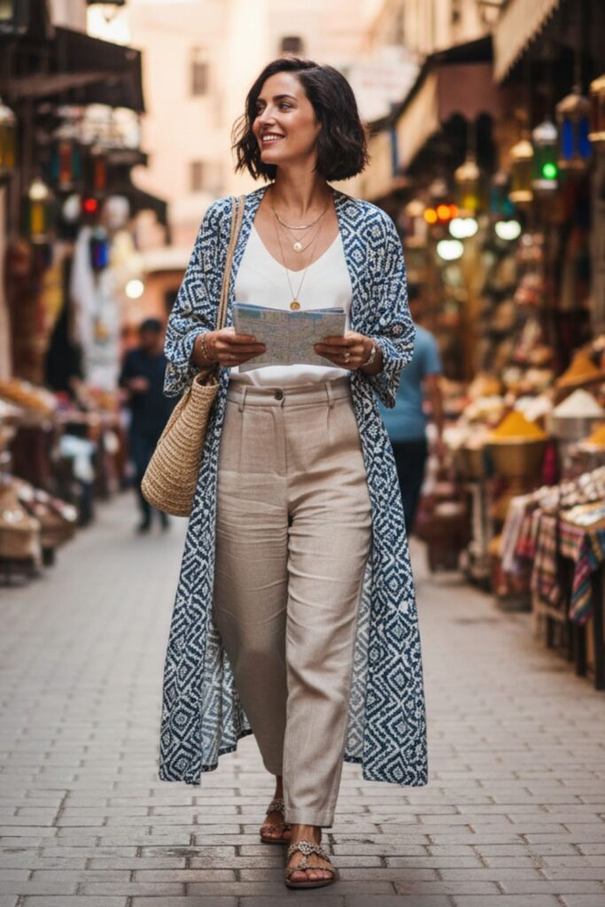 Linen Pants with Sleeveless Top and Kimono