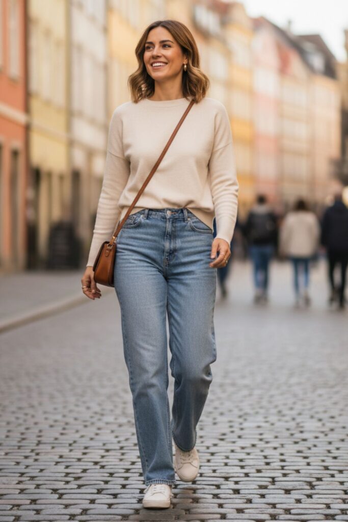 Long-Sleeve Top with Wide-Leg Jeans