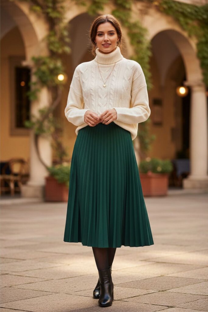 Turtleneck Sweater with Pleated Skirt