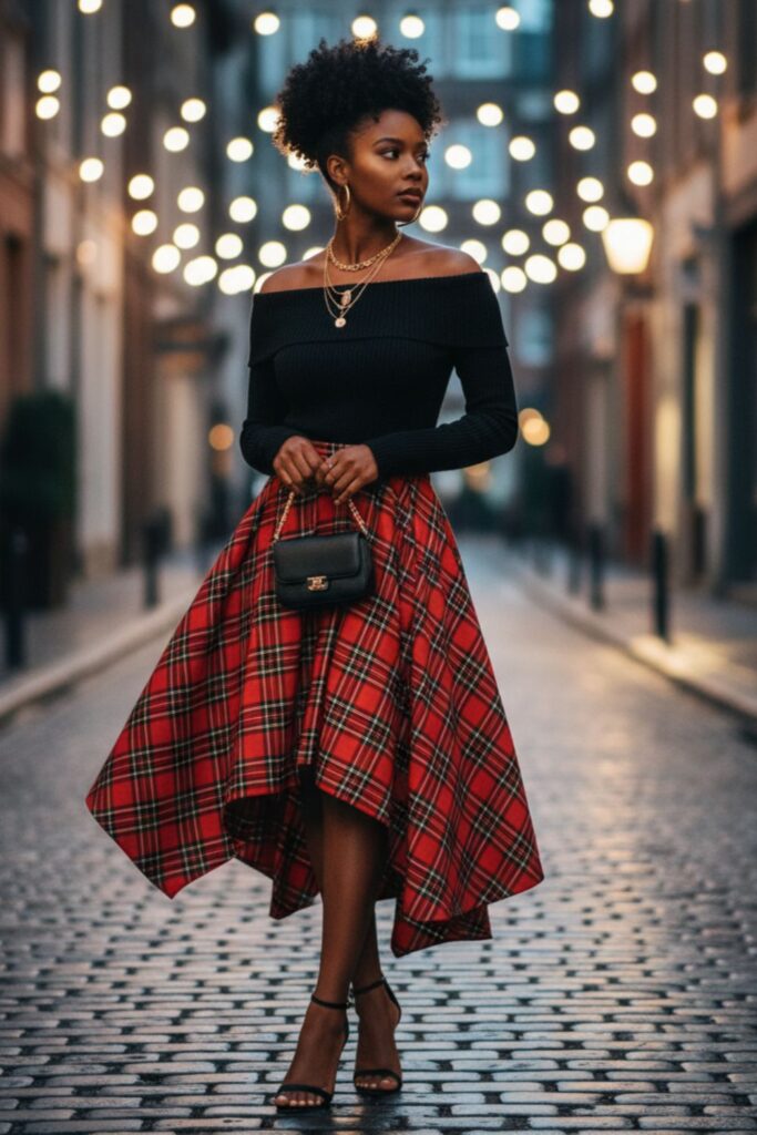 Asymmetrical Plaid Skirt with Off-Shoulder Top and Heels