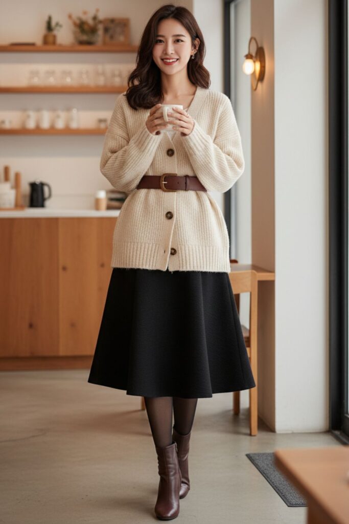 Black A-Line Skirt, Oversized Cardigan, Belted Waist, Heeled Boots