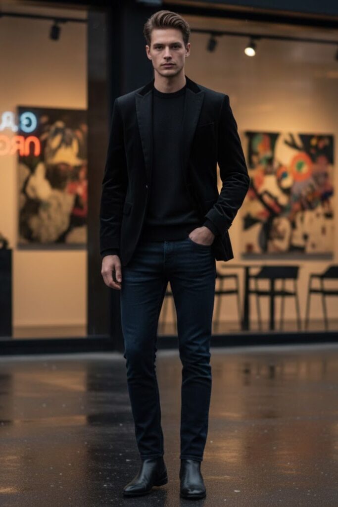 Black Blazer with Crewneck Sweater and Slim Jeans