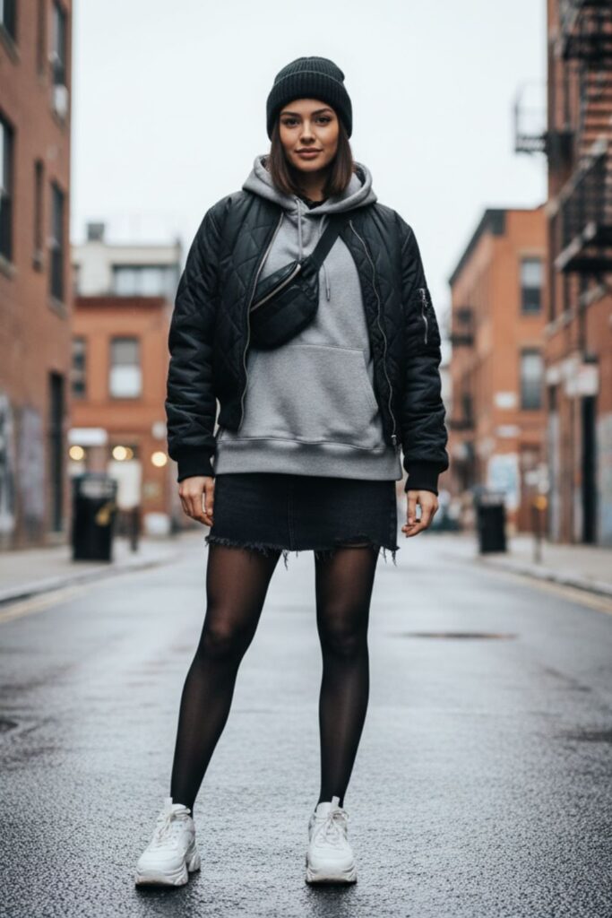Black Denim Skirt, Oversized Hoodie, Quilted Jacket, Chunky Sneakers