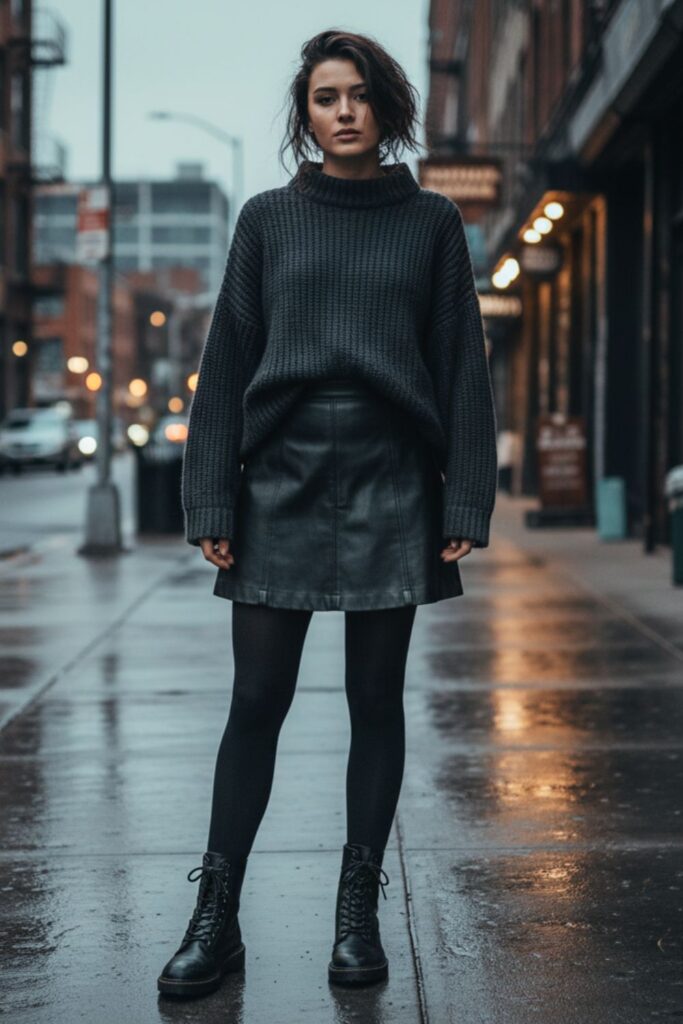 Black Leather Skirt, Oversized Sweater, Tights, Combat Boots