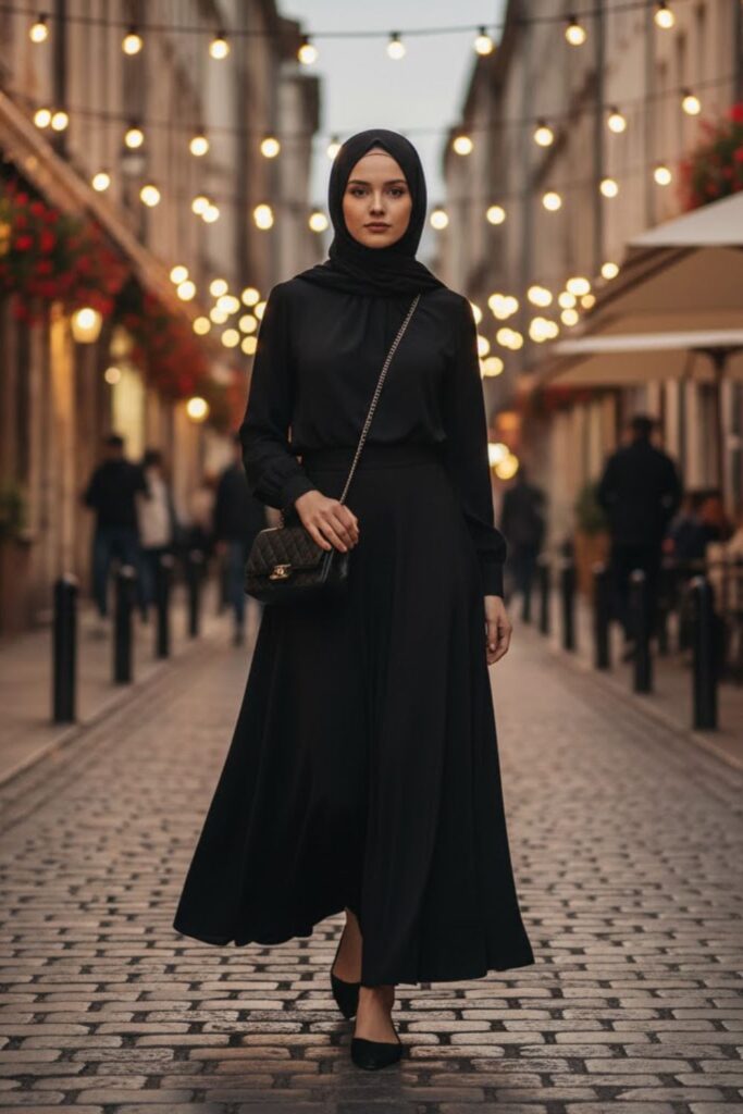 Black Long-Sleeve Blouse, Black A-Line Skirt, Black Flats, Matching Hijab