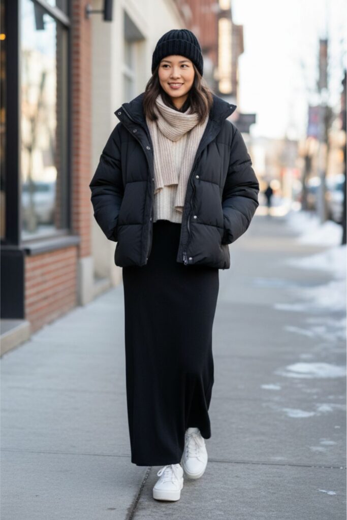 Black Maxi Skirt, Cropped Sweater, Puffer Jacket, Sneakers