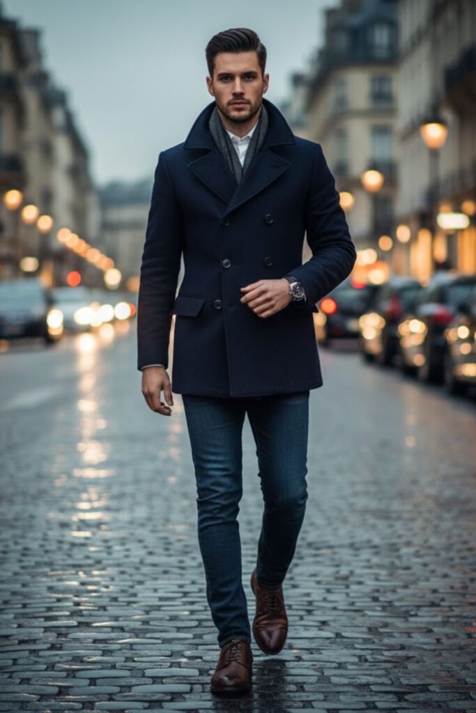 Black Peacoat, White Button-Down Shirt, Dark Jeans & Derby Shoes