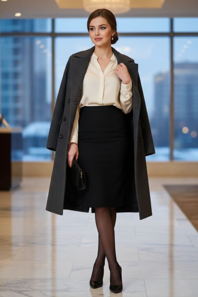 Black Pencil Skirt, Silk Blouse, Double-Breasted Coat, Pointed Heels