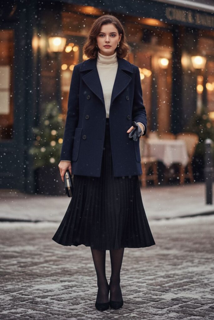 Black Pleated Midi Skirt, Wool Turtleneck, Peacoat, Block Heels