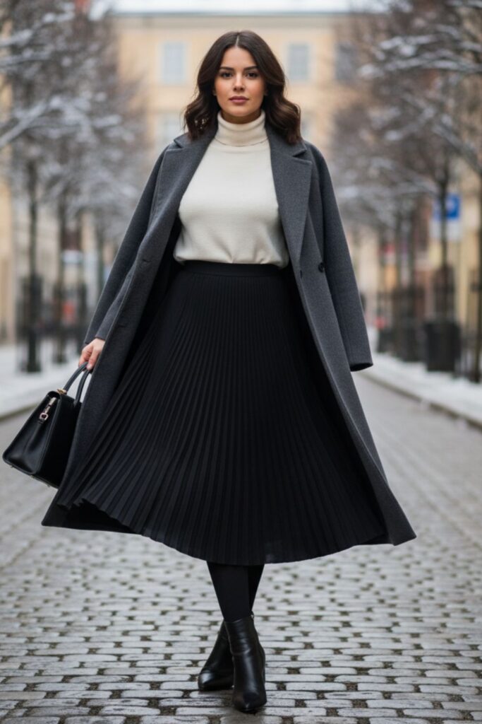 Black Pleated Skirt, Turtleneck, Longline Coat, Ankle Boots