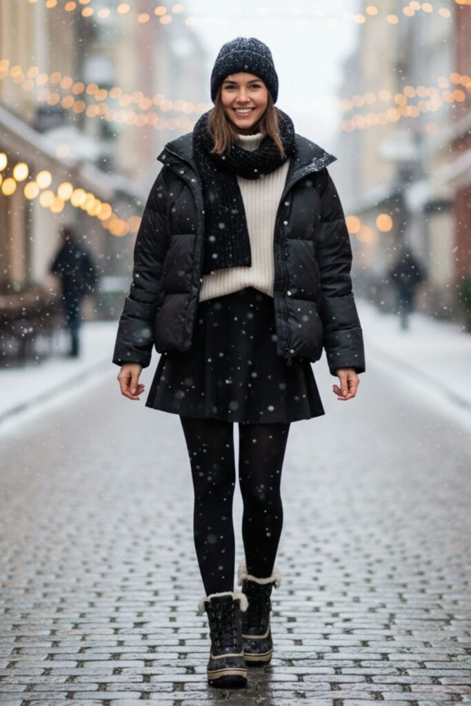 Black Skater Skirt, Thermal Tights, Padded Jacket, Snow Boots