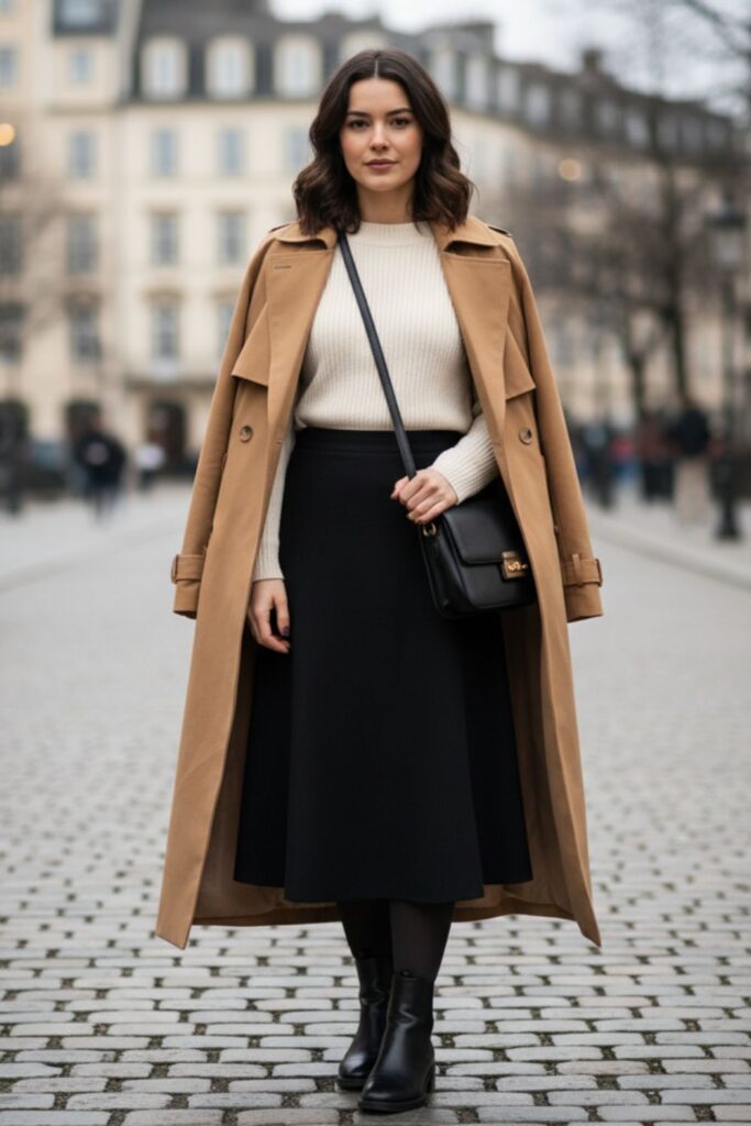 Black Skirt, Fitted Sweater, Trench Coat, Chelsea Boots