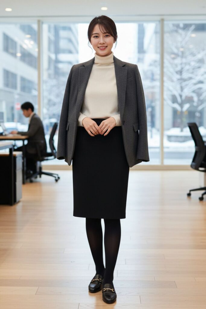 Black Skirt, Wool Blazer, Turtleneck, Loafers, Tights