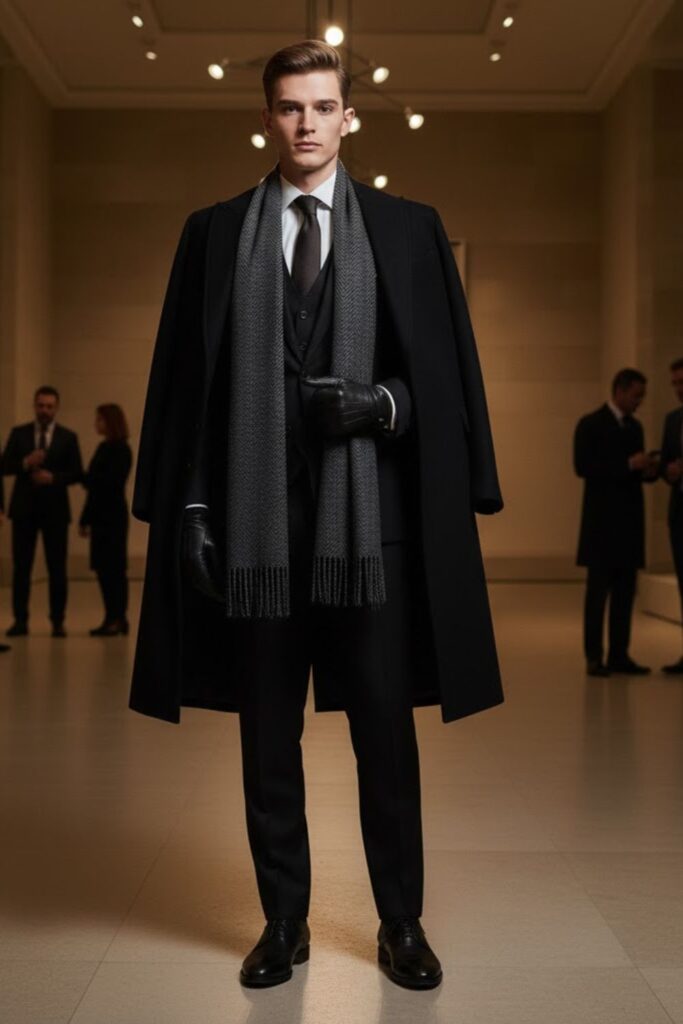 Black Three-Piece Suit with Wool Accessories