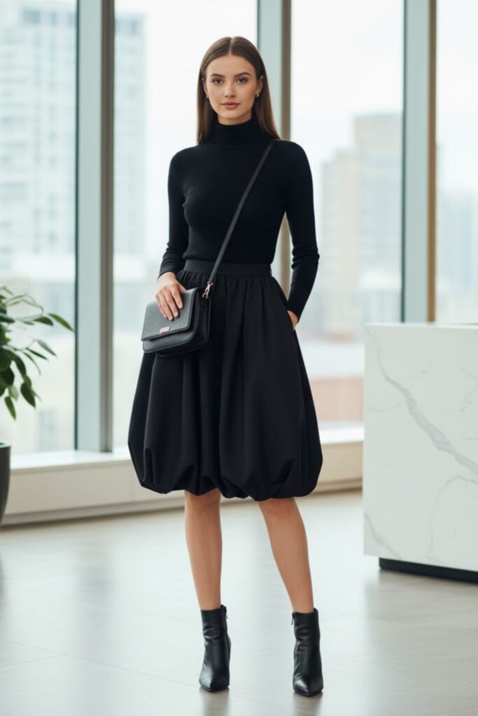 Black Turtleneck, Black Balloon Skirt, Ankle Boots, Leather Crossbody Bag