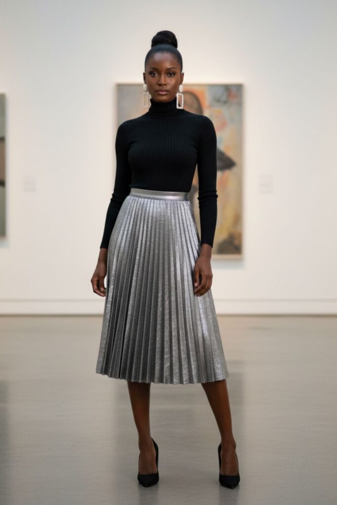 Black Turtleneck, Silver Skirt, Pointed-Toe Heels, Statement Earrings