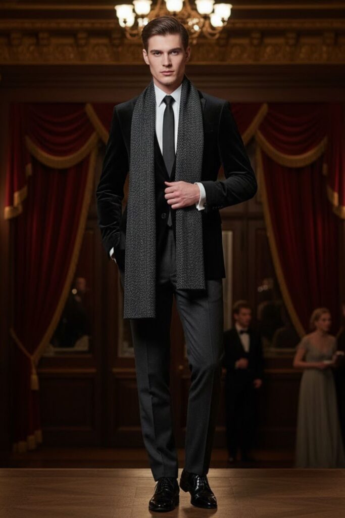 Black Velvet Blazer with Wool Trousers