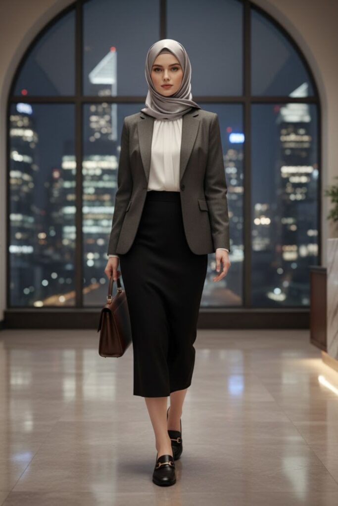 Blazer, Black Pencil Skirt, Heeled Loafers, Coordinated Hijab