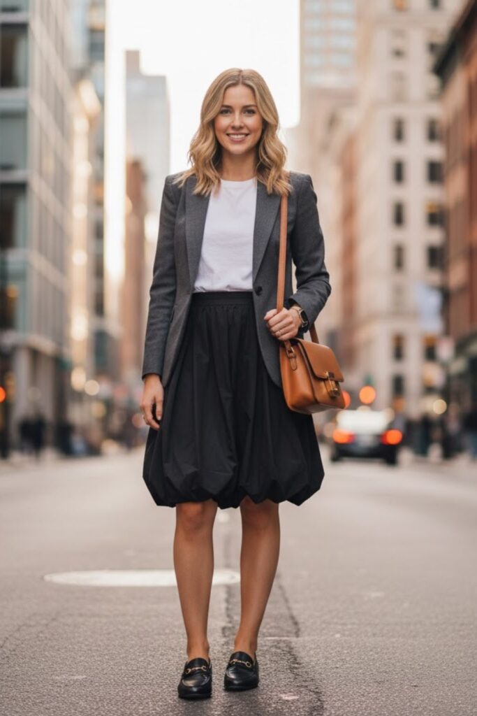 Blazer, White Tee, Black Balloon Skirt, Loafers, Shoulder Bag
