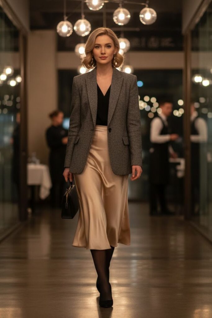 Blazer with Satin Midi Skirt
