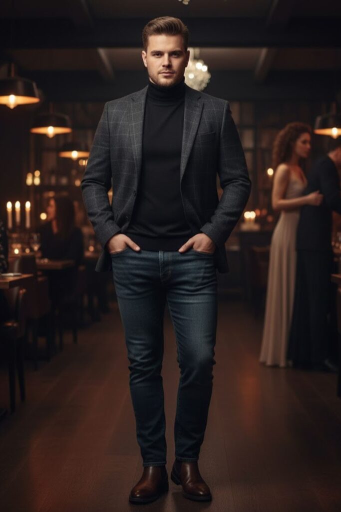 Blazer with Turtleneck and Dark Denim