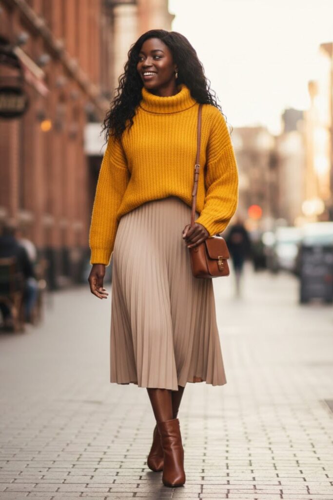 Bold-Colored Sweater with Neutral Skirt