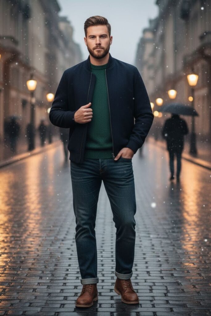 Bomber Jacket with Crewneck Sweater and Jeans