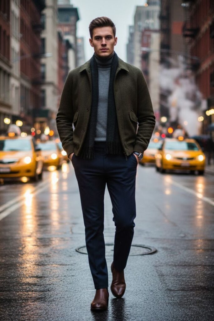 Bomber Jacket with Turtleneck and Wool Trousers