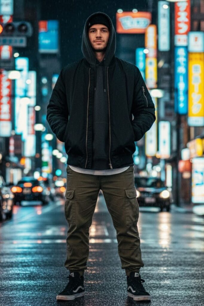 Bomber jacket + hoodie + cargo pants + high-top sneakers