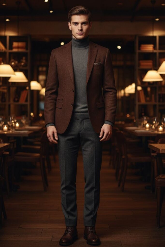 Brown Blazer with Turtleneck and Dress Boots